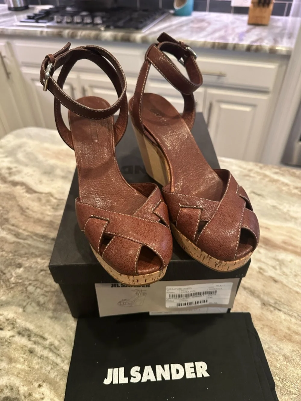 Jil Sander Y2K Leather Cork Wood Wedge Sandals Brown 37.5 Made in Italy